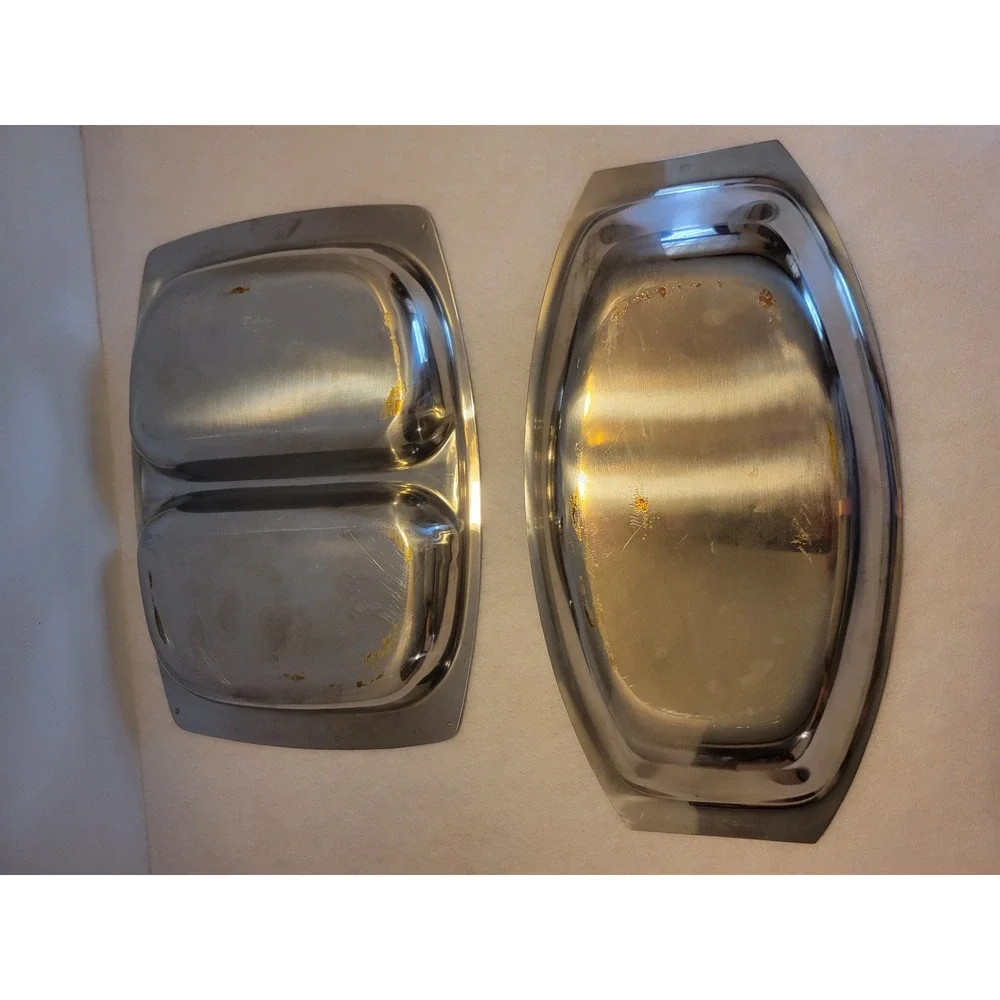 Vtg MCM Madeira Stainless‎ Serving Set Trays Divided Dish Bowl Floral Rim